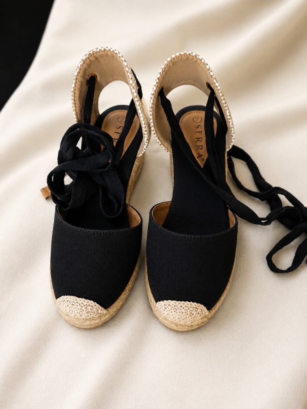 Serra Black Canvas Espadrille Wedges with Natural Jute Trim